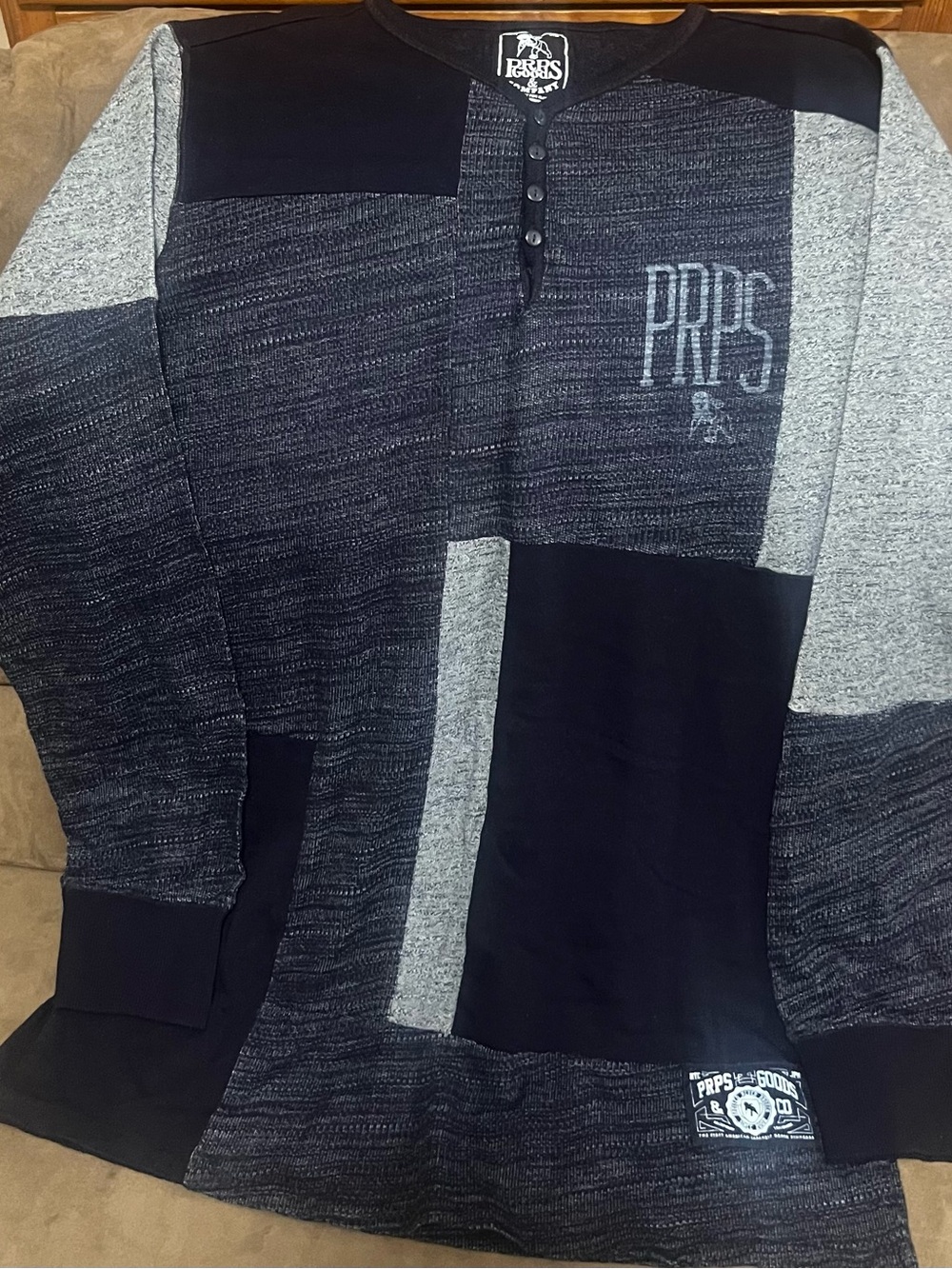 PRPS Men's Long Sleeve Henley Patchwork in Black & Gray